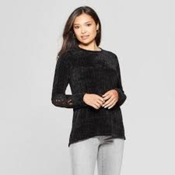 Knox Rose Black Chenille Lace Inset Sleeve Sweater